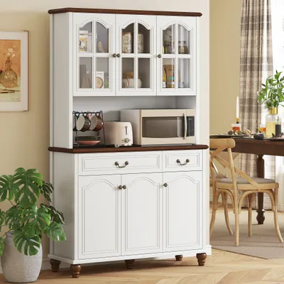 Kitchen Buffet with Hutch, Freestanding Pantry Cabinet with 6 Doors, 2 Drawers and 3-Level Adjustable Shelves, White