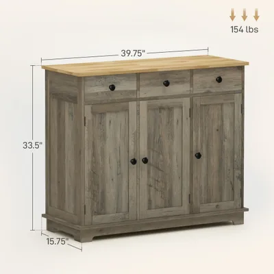Kitchen Storage Cabinet, Sideboard Floor Cupboard with Solid Wood Top, Adjustable Shelf, and 3 Drawers, Distressed Gray