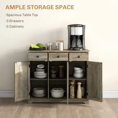 Kitchen Storage Cabinet, Sideboard Floor Cupboard with Solid Wood Top, Adjustable Shelf, and 3 Drawers, Distressed Gray