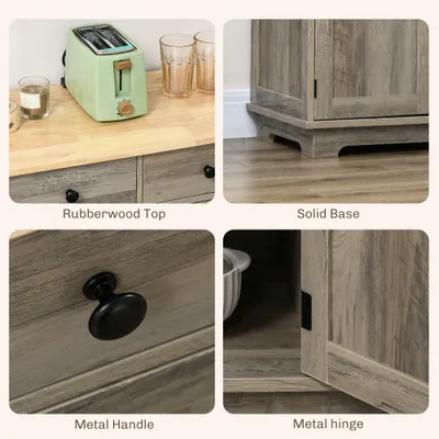 Kitchen Storage Cabinet, Sideboard Floor Cupboard with Solid Wood Top, Adjustable Shelf, and 3 Drawers, Distressed Gray
