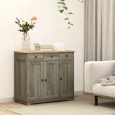 Kitchen Storage Cabinet, Sideboard Floor Cupboard with Solid Wood Top, Adjustable Shelf, and 3 Drawers, Distressed Gray