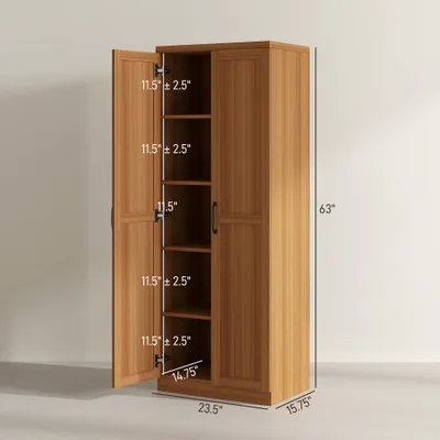 63" 2-Door Kitchen Pantry, Freestanding Cabinet with 2 Adjustable Shelves for Dining Room, Cinnamon Teak Wood Grain