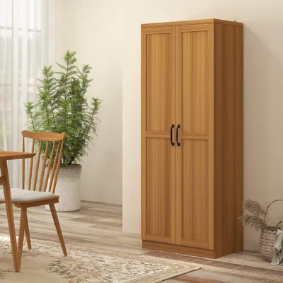 63" 2-Door Kitchen Pantry, Freestanding Cabinet with 2 Adjustable Shelves for Dining Room, Cinnamon Teak Wood Grain