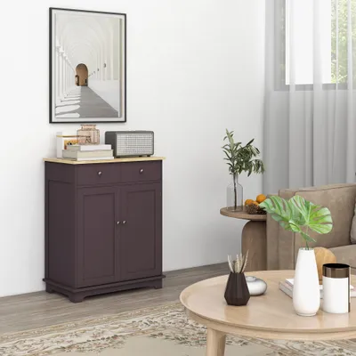 Kitchen Storage Cabinet, Sideboard Floor Cupboard with Solid Wood Top, Adjustable Shelf, and 2 Drawers, Coffee