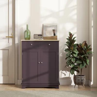 Kitchen Storage Cabinet, Sideboard Floor Cupboard with Solid Wood Top, Adjustable Shelf, and 2 Drawers, Coffee