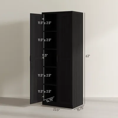 63" 2-Door Kitchen Pantry, Freestanding Cabinet with 2 Adjustable Shelves for Dining Room, Cinnamon Black Wood Grain