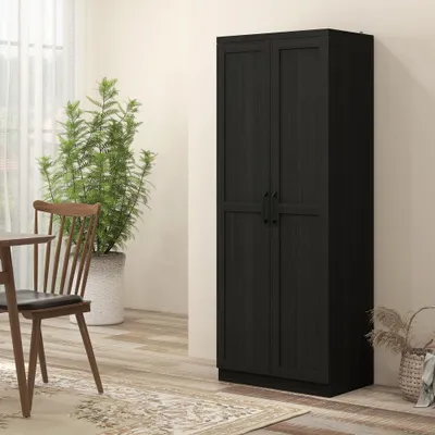 63" 2-Door Kitchen Pantry, Freestanding Cabinet with 2 Adjustable Shelves for Dining Room, Cinnamon Black Wood Grain