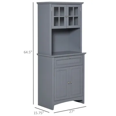 Elegant Buffet with Hutch, Kitchen Pantry Storage Cabinet with Framed Glass Door Drawer and Microwave Space, Gray