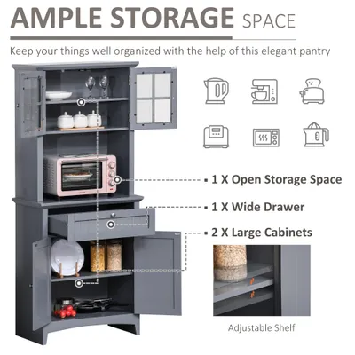Elegant Buffet with Hutch, Kitchen Pantry Storage Cabinet with Framed Glass Door Drawer and Microwave Space, Gray