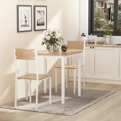 3-Piece Wooden Square Dining Table Set with 1 Table and 2 Chairs and Sturdy Metal Frame for Small Space, White