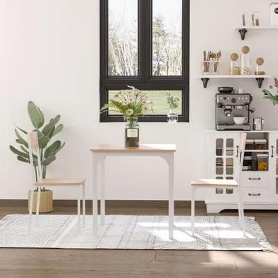 3-Piece Wooden Square Dining Table Set with 1 Table and 2 Chairs and Sturdy Metal Frame for Small Space, White