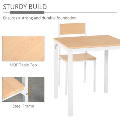 3-Piece Wooden Square Dining Table Set with 1 Table and 2 Chairs and Sturdy Metal Frame for Small Space, White