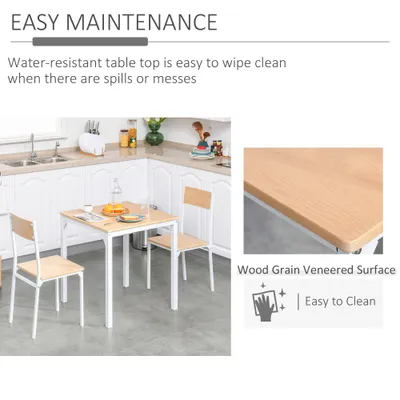 3-Piece Wooden Square Dining Table Set with 1 Table and 2 Chairs and Sturdy Metal Frame for Small Space, White