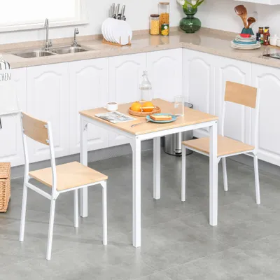 3-Piece Wooden Square Dining Table Set with 1 Table and 2 Chairs and Sturdy Metal Frame for Small Space, White