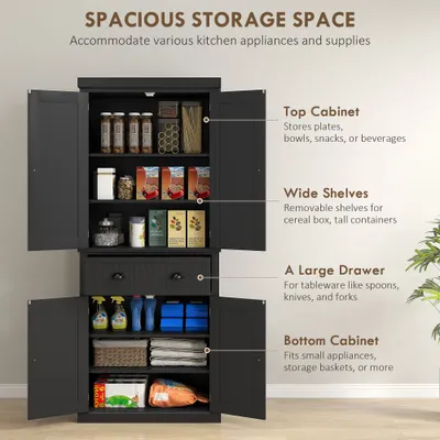 72" Kitchen Pantry Storage Cabinet, Cupboard with 4 Doors and 3 Adjustable Shelves, Large Central Drawer, Black