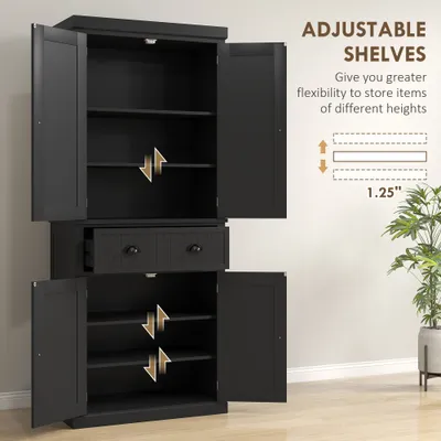 72" Kitchen Pantry Storage Cabinet, Cupboard with 4 Doors and 3 Adjustable Shelves, Large Central Drawer, Black