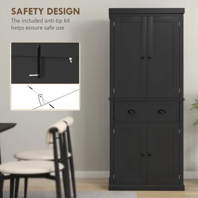 72" Kitchen Pantry Storage Cabinet, Cupboard with 4 Doors and 3 Adjustable Shelves, Large Central Drawer, Black