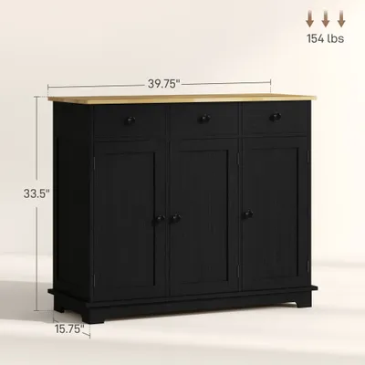 Kitchen Storage Cabinet, Sideboard Floor Cupboard with Solid Wood Top, Adjustable Shelf, and 3 Drawers, Black Wood Grain