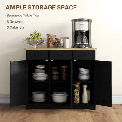 Kitchen Storage Cabinet, Sideboard Floor Cupboard with Solid Wood Top, Adjustable Shelf, and 3 Drawers, Black Wood Grain