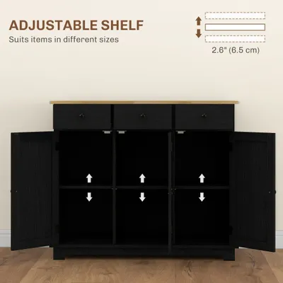 Kitchen Storage Cabinet, Sideboard Floor Cupboard with Solid Wood Top, Adjustable Shelf, and 3 Drawers, Black Wood Grain