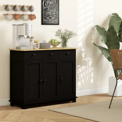 Kitchen Storage Cabinet, Sideboard Floor Cupboard with Solid Wood Top, Adjustable Shelf, and 3 Drawers, Black Wood Grain