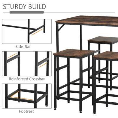 5-Piece Industrial Dining Table Set, Bar Table & 4 Stools Set, Space Saving for Pub & Kitchen, Rustic Brown/Black