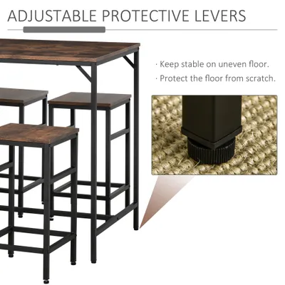 5-Piece Industrial Dining Table Set, Bar Table & 4 Stools Set, Space Saving for Pub & Kitchen, Rustic Brown/Black