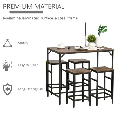 5-Piece Industrial Dining Table Set, Bar Table & 4 Stools Set, Space Saving for Pub & Kitchen, Rustic Brown/Black