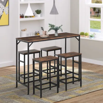 5-Piece Industrial Dining Table Set, Bar Table & 4 Stools Set, Space Saving for Pub & Kitchen, Rustic Brown/Black