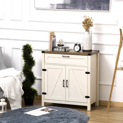 Modern Farmhouse Sideboard with Storage, Buffet Cabinet with 2 Barn Doors and Drawer for Dining Room, Distressed White