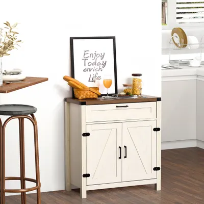Modern Farmhouse Sideboard with Storage, Buffet Cabinet with 2 Barn Doors and Drawer for Dining Room, Distressed White