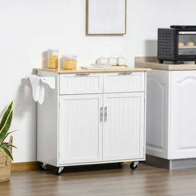 41" Modern Rolling Kitchen Island on Wheels, Utility Cart Storage Trolley with Rubberwood Top & Drawers, White