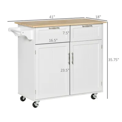 41" Modern Rolling Kitchen Island on Wheels, Utility Cart Storage Trolley with Rubberwood Top & Drawers, White