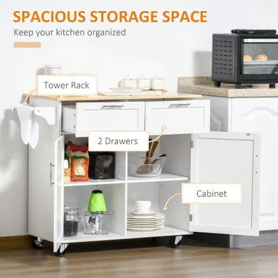 41" Modern Rolling Kitchen Island on Wheels, Utility Cart Storage Trolley with Rubberwood Top & Drawers, White