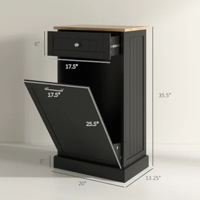 10 Gallon Tilt Out Trash Cabinet, Wooden Hidden Trash Can with Storage Drawer for Kitchen, Laundry Hamper Cabinet for Bathroom, Black