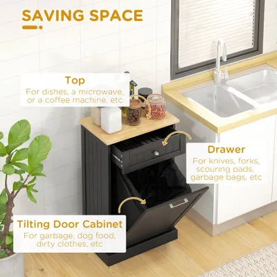 10 Gallon Tilt Out Trash Cabinet, Wooden Hidden Trash Can with Storage Drawer for Kitchen, Laundry Hamper Cabinet for Bathroom, Black