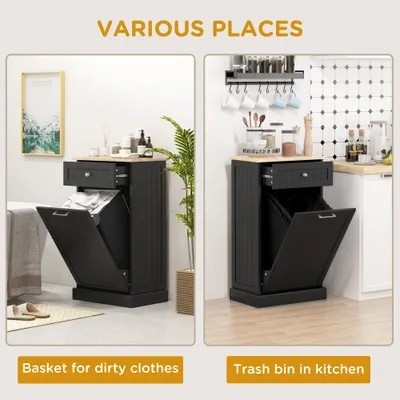10 Gallon Tilt Out Trash Cabinet, Wooden Hidden Trash Can with Storage Drawer for Kitchen, Laundry Hamper Cabinet for Bathroom, Black
