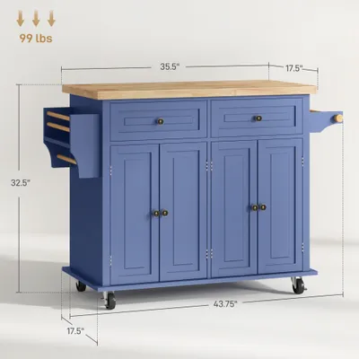 Kitchen Island on Wheels, Rolling Cart with Rubberwood Top, Spice Rack, Towel Rack and Drawers, Navy Blue