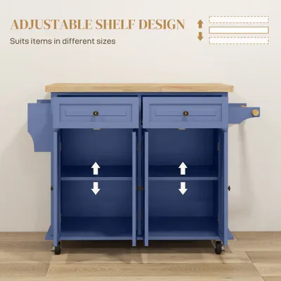 Kitchen Island on Wheels, Rolling Cart with Rubberwood Top, Spice Rack, Towel Rack and Drawers, Navy Blue