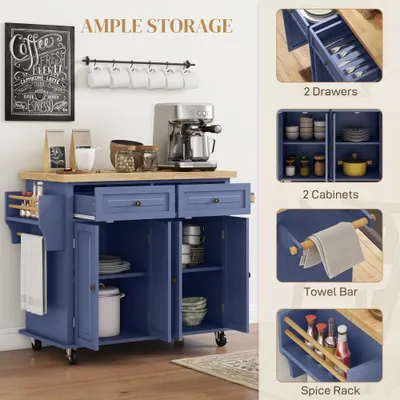 Kitchen Island on Wheels, Rolling Cart with Rubberwood Top, Spice Rack, Towel Rack and Drawers, Navy Blue