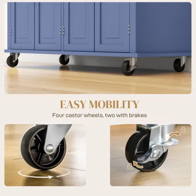 Kitchen Island on Wheels, Rolling Cart with Rubberwood Top, Spice Rack, Towel Rack and Drawers, Navy Blue