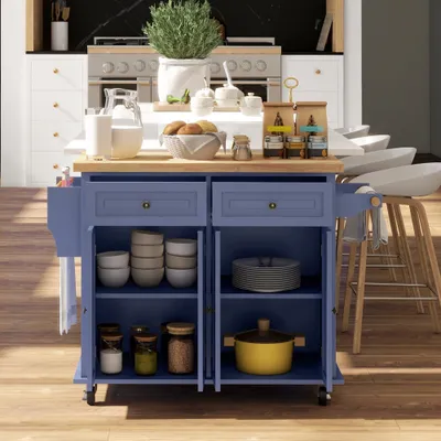 Kitchen Island on Wheels, Rolling Cart with Rubberwood Top, Spice Rack, Towel Rack and Drawers, Navy Blue