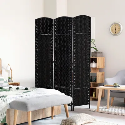 Room Divider 3 Panel, 6FT Tall Folding Privacy Screen, Freestanding Hand-Woven Partition for Room Separation with 360° Hinges, Paper Rope Diamond Weave, Black