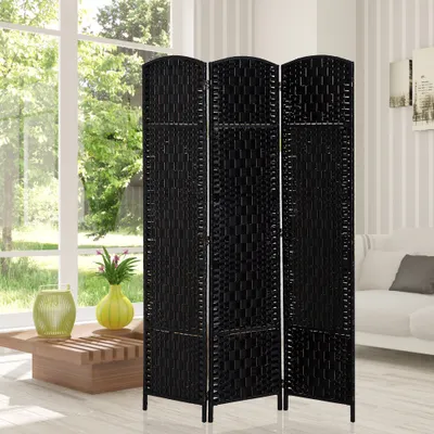 Room Divider 3 Panel, 6FT Tall Folding Privacy Screen, Freestanding Hand-Woven Partition for Room Separation with 360° Hinges, Paper Rope Diamond Weave, Black
