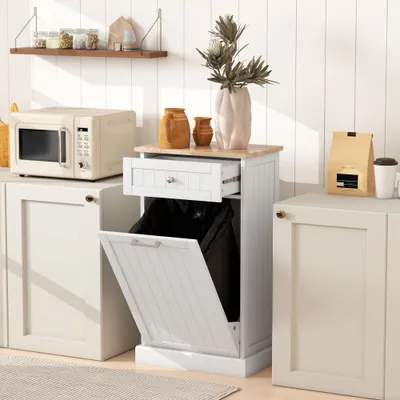 10 Gallon Tilt Out Trash Cabinet, Wooden Hidden Trash Can with Storage Drawer for Kitchen, Laundry Hamper Cabinet for Bathroom, White