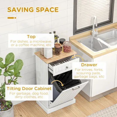 10 Gallon Tilt Out Trash Cabinet, Wooden Hidden Trash Can with Storage Drawer for Kitchen, Laundry Hamper Cabinet for Bathroom, White