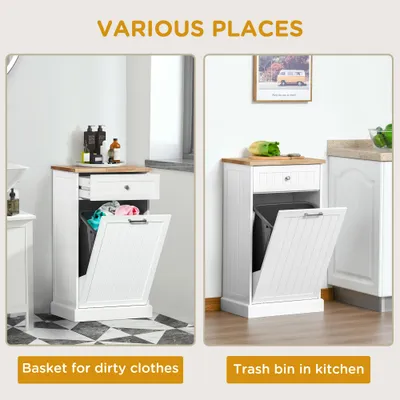 10 Gallon Tilt Out Trash Cabinet, Wooden Hidden Trash Can with Storage Drawer for Kitchen, Laundry Hamper Cabinet for Bathroom, White