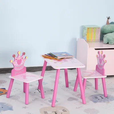3-Piece Kids Wooden Table and Chair Set with Crown Pattern Gift for Girls Toddlers Arts Reading Writing Age 2-4 Years Pink