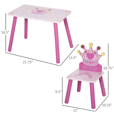 3-Piece Kids Wooden Table and Chair Set with Crown Pattern Gift for Girls Toddlers Arts Reading Writing Age 2-4 Years Pink