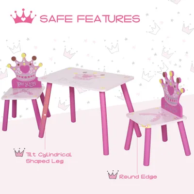 3-Piece Kids Wooden Table and Chair Set with Crown Pattern Gift for Girls Toddlers Arts Reading Writing Age 2-4 Years Pink